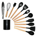 Set X12 Utensilios De Cocina Mango Madera Punta Silicona
